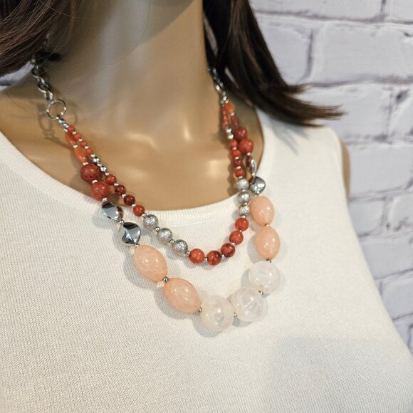 STATEMENT NECKLACE - Beaded, peach/orange/silver - Picture 6 of 6